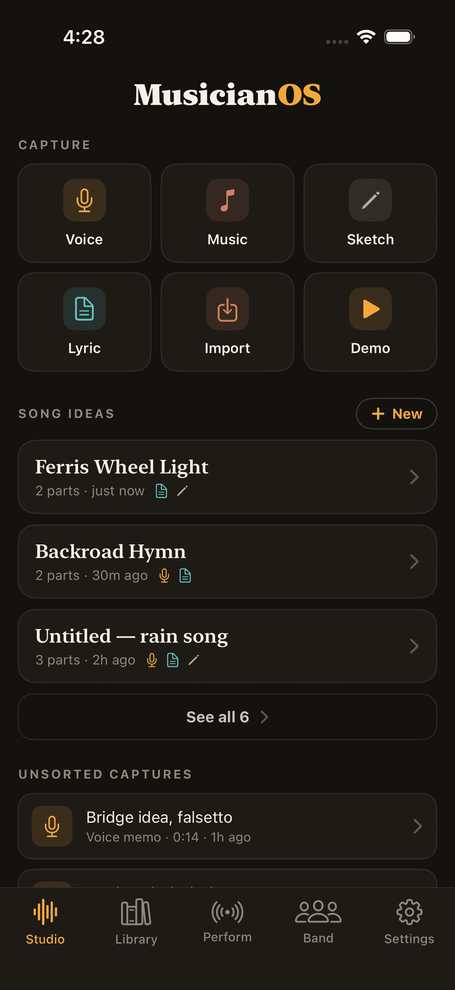 MusicianOS app — Studio screen with capture tools and song ideas